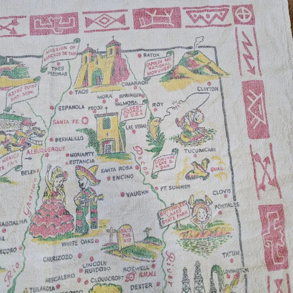 Vintage 40s Large Linen Kitchen Tea Towel New Mexico Souvenir Tourist Map 37x30